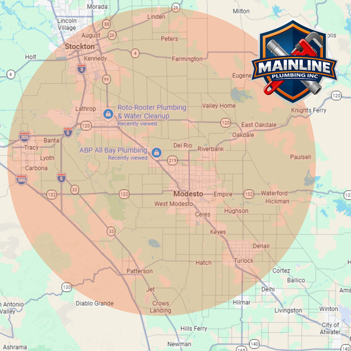 Map of Mainline Plumbing service area around Escalon, Modesto and the 209