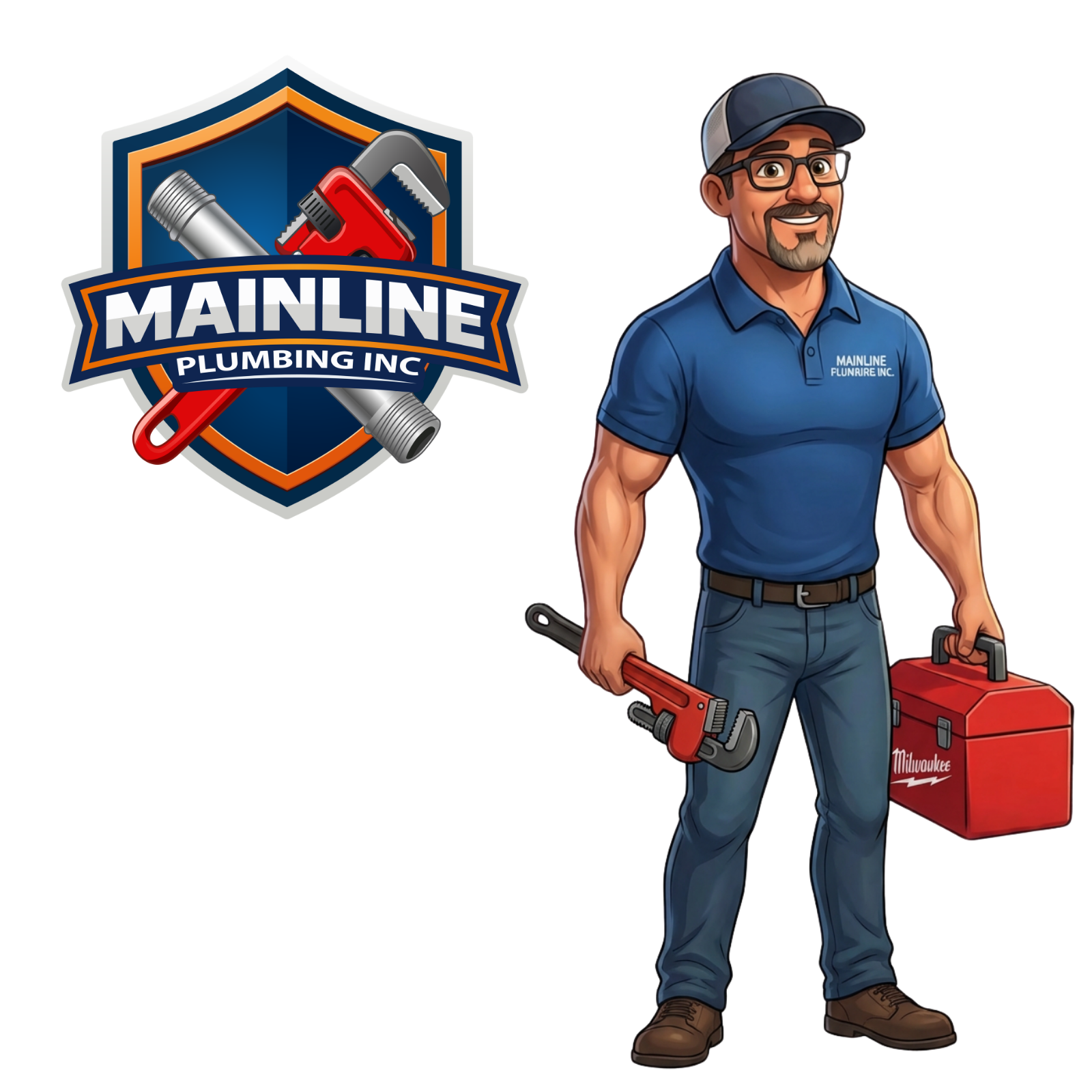 Miguel, owner of Mainline Plumbing, with the company shield logo